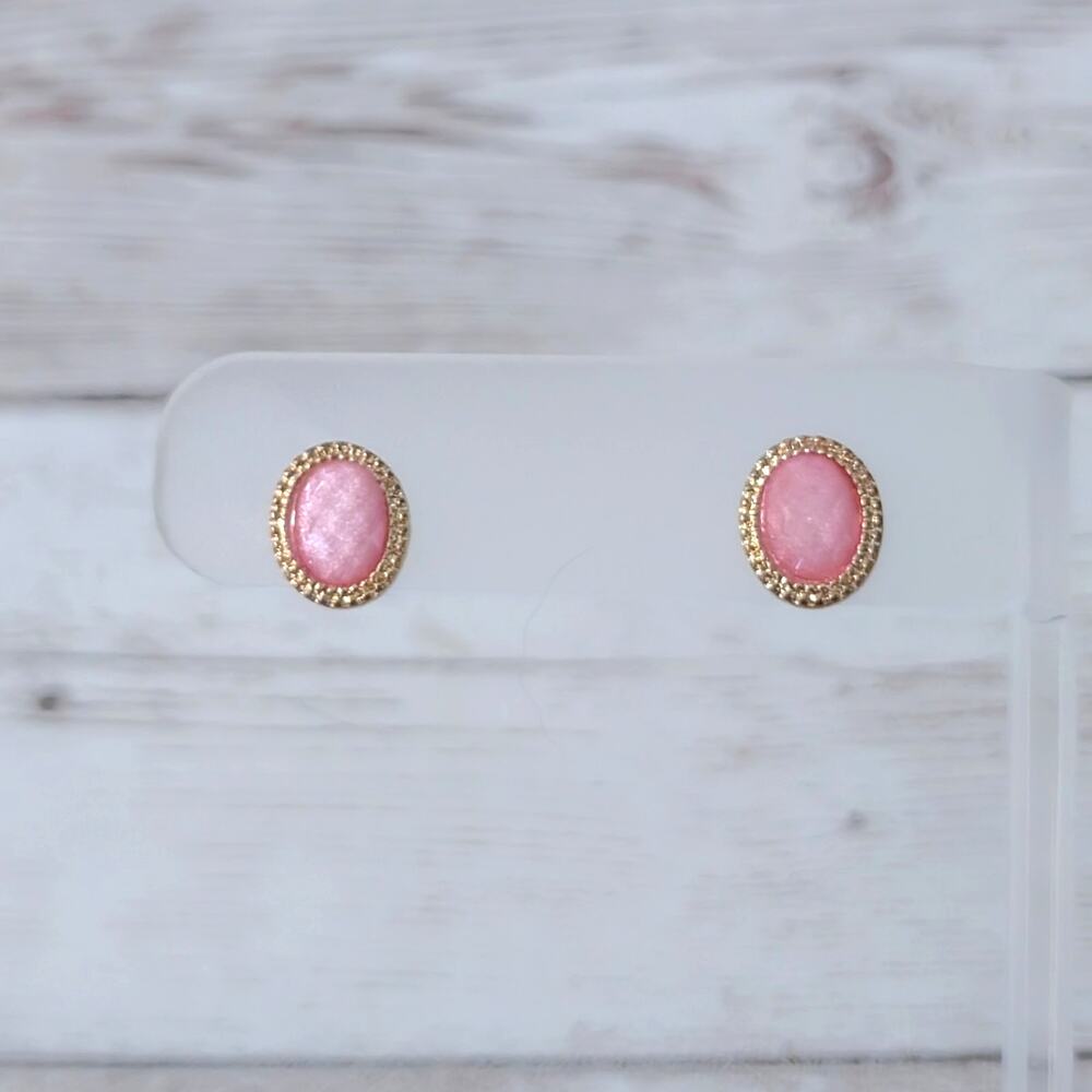 Vintage Stud Earrings Pink with Gold Tone Halo - Oval - Dainty - Some Tarnish